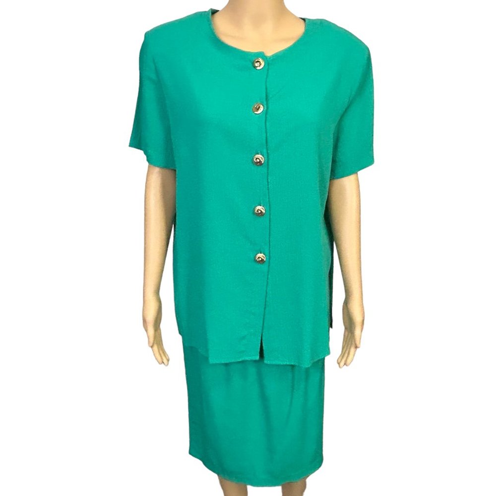 Promises Petite Womens 12P Green Short Sleeve Shoulder Pads Blouse & Skirt Set‎
